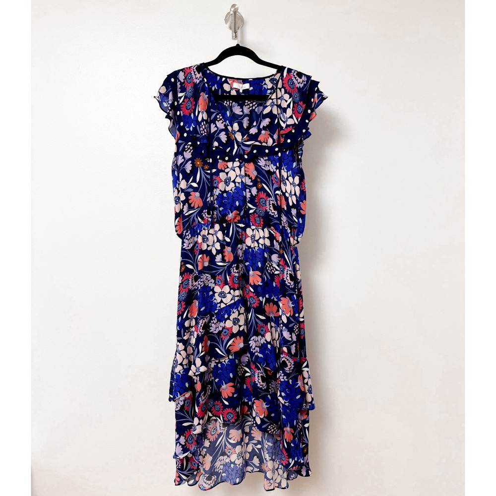 Parker Floral V-Neck Sleeveless Silk Ruffle High-Low Dress Rosebay Large
